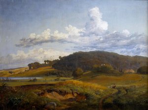 Vista de Vinderød em direcção a Høbjerg, perto de Frederiksværk, com a casa dos pais de J. Th. Lundbye de Johan Thomas Lundbye