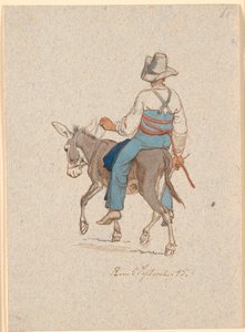 Cavaleiro de burro visto obliquamente por trás