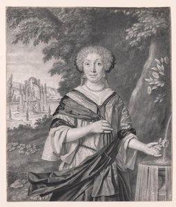 Retrato de uma mulher perto de uma fonte, uma rosa na mão de Johan Thopas
