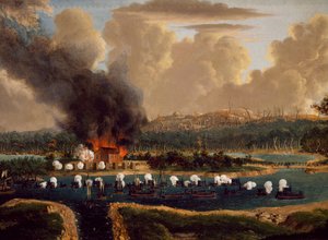 Batalha de Vransarii contra a Rússia pelo controle dos fiordes em Kockis Kapell, 16 de junho de 1790, por Johan Tietrich Schoultz (1754-1807), guerras russo-suecas, Suécia