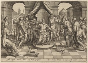 Moisés e Arão perante o Faraó de Johan Wierix, after Maarten van Cleef