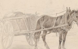 Uma carroça puxada por um cavalo marrom perto de um poste de luz, Verso: Um grupo de oficiais montados, ca. 1815.