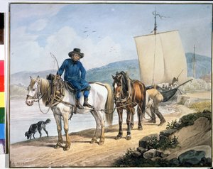 "Um cavalo e uma carroça no rio". Cavalos ao longo de um rio a rebocar um barco ou utilizados para descarregar mercadorias num caminho de reboque". Pintura de Johann Adam Klein (1792-1875)