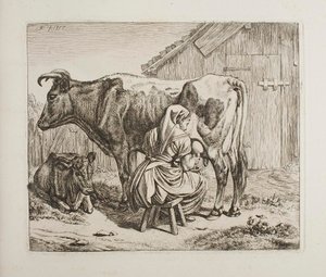 Vaca com bezerro a ser ordenhada de Johann Adam Klein