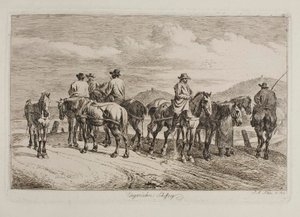 Cavalos e cavaleiros húngaros prontos para puxar um barco contra a corrente de Johann Adam Klein