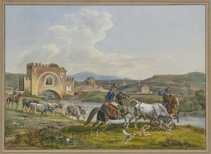 Campagnoli romanos, a cavalo, capturam um touro com a ajuda de cães de Johann Adam Klein