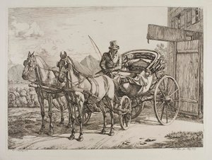 Dois cavalos atrelados a uma carruagem de luxo de Johann Adam Klein
