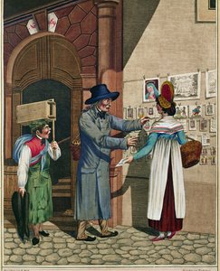 Um vendedor ambulante de baladas e estampas populares, aprendiz de sapateiro, de uma série de Tipos vienenses por volta de 1810 ...