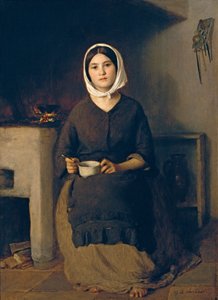 Mulher sentada numa cozinha camponesa