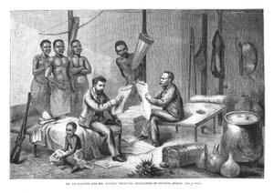Dr. David Livingstone (1813-73) e Henry Morton Stanley (1841-1904) Recebendo Jornais na África Central, gravados por Pearson de Johann Baptist Zweecker