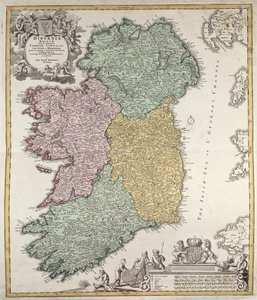 Mapa da Irlanda mostrando as Províncias de Ulster, Munster, Connaught e Leinster, por Johann B. Homann, c.1730 (gravura colorida à mão)