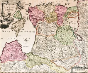 Do Mar Báltico, Baltikum Ducatuum Livonia e as ilhas vizinhas Curlandiae Mapa novo exposição, ca 1720