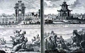 Quatro vistas mostrando um Arco Triunfal Chinês, um Pagode em Sinkicien na Província de Xantum, Montanhas e Grutas Artificiais e uma Ponte em Cadeia perto da cidade de Kingtung, China, de 