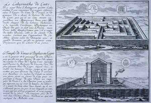 O Labirinto em Creta e o Templo de Vénus, Pafos, Chipre, ambos retirados de desenhos encontrados em antigas moedas romanas do "Entwurf einer historischen Architektur".