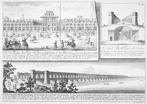 O Palácio Real em Isfahan, Uma Seção Transversal da Ponte Alyverdy-Chan Isfahan e uma Vista da Ponte Alyverdy-Chan Isfahan, da Entwurf einer historischen Architektur, gravada por Johann Adam De de Johann Bernhard Fischer von Erlach