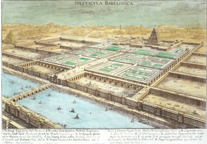 Vista, de, antiga, Babylon, mostrando, a, jardins suspensos, e, a, templo, de, jupiter, Belus, prato, 3, de, &39;Entwurf einer, historischen, Architektur&39;, gravado, por, johann, adams, Delsenbach, (1687-1765), 1721