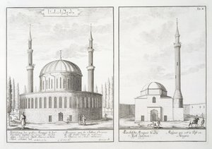 Vista de uma mesquita em Bursa e uma mesquita na Hungria, de &39;Architectural Design&39;, 1721 de Johann Bernhard Fischer von Erlach
