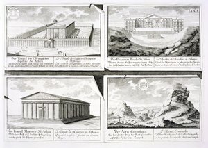 Vistas de quatro edifícios clássicos: O Templo de Zeus Olímpico, o Teatro de Dionísio em Atenas, o Templo de Atenas em Atenas e um Templo em Corinto, a partir de Entwurf einer historischen Architektur, de Johann Bernhard Fischer von Erlach