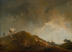 Paisagem montanhosa com vacas e ovelhas