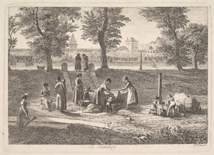 Cena ao ar livre de mulheres em atividades domésticas em Nurnberg, século XIX. de Johann Christian Erhard