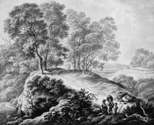 Paisagem com figuras e estrada entre árvores altas