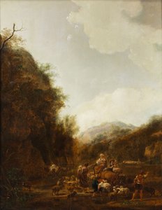 Paisagem montanhosa com pastores e gado no bebedouro de Johann Christian Klengel
