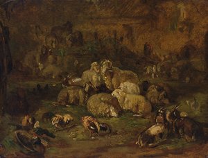 Ovelhas, cabras e galinhas (óleo sobre papel colocado sobre tela)