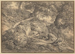 Encosta com blocos rochosos e oliveiras no parque dos príncipes Chigi em Ariccia de Johann Christian Reinhart