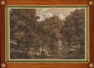 Paisagem arcádica com três figuras junto a um lago de Johann Christian Reinhart