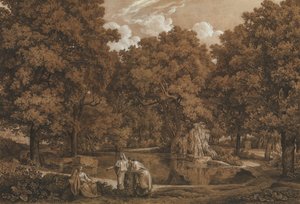 Paisagem Arcadian com três figuras em um lago, 1792.