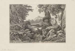 Paisagem rochosa com um pastor a caminhar à esquerda de Johann Christian Reinhart