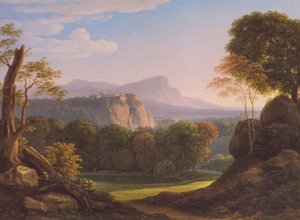 Alemão: Italienische Landschaft mit Schloss auf einem Bergrücken Paisagem italiana com um castelo num cume de Johann Christian Reinhart