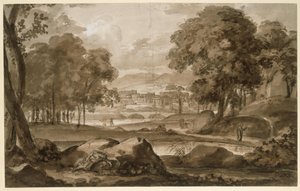 Vasta paisagem florestal com uma cidade antiga e elementos figurativos