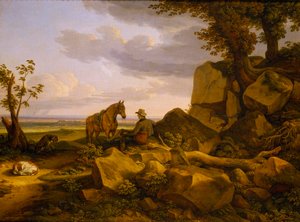 Paisagem italiana com caçador em repouso, autorretrato de Johann Christian Reinhart
