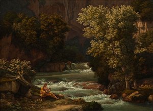 Vista da Ponte Lupo perto de Tivoli, com uma pessoa a tocar lira em primeiro plano de Johann Christian Reinhart
