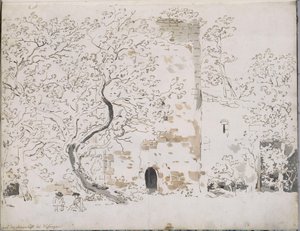 Dois desenhadores diante de um castelo por detrás de árvores: na Maienlust, perto de Wasungen de Johann Christian Reinhart