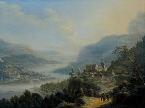 Uma extensa paisagem de Rheinish com viajantes numa estrada junto a um castelo