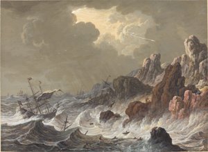 Navios lançados pela tempestade naufragaram em uma costa rochosa.