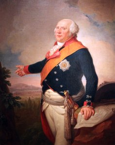 Retrato do rei Frederico Guilherme II da Prússia (1744-1797) com uma estrela da Ordem Prussiana da Águia Negra, a mão esquerda apoiada num mapa de Frankfurt, uma paisagem com o exército prussiano acampado à saída de Frankfurt