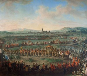 Entrada do imperador Francisco I. Stephan e do seu filho José (II.) em Frankfurt, em 29 de março de 1764 de Johann Dallinger von Dalling