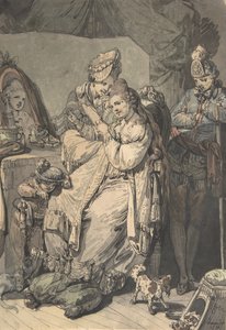 A Woman at her Toilet with a Maid, a Boy, a Dog and a Young Soldier, verso: A Sketch..., 1770.
