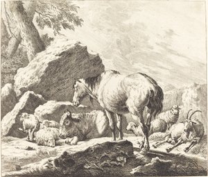 Um cavalo, búfalo, ovelha e cabra em uma paisagem italiana de Johann Elias Ridinger after Johann Heinrich Roos