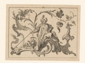 Fumador de tubos com turbante sentado num ornamento rococó, ao seu lado um jarro, uma chávena e um pires
Fumadores sobre um ornamento rococó (título da série)