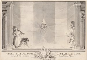Dois atores espreitando através de uma cortina de teatro enquanto outros preparam os holofotes de Johann Esaias Nilson