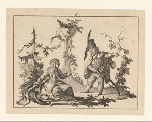 Mulher sentada com ao seu lado um homem de pé com um cano num ornamento rococó
Fumadores em ornamento rococó (título da série)