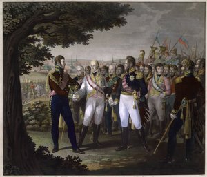 O czar russo Alexandre I (1777-1825), o imperador austríaco Francisco I (1768-1835) e o rei prussiano Frederic Guilherme (Frederic-Guillaume) III em Praga, a 18 de Março de 1813 - O encontro entre os imperadores Francisco I da Áustria, Alexandre I da Rússi