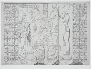 Relevo retratando um sacerdote com oferendas do Santuário do Templo do Sol, Palenque, placas 29 e 30 de antigos monumentos do México, gravadas por Werner, 1866
