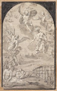 Santo que intercede junto de Cristo para que não seja lançado o raio sobre a cidade de Augsburgo de Johann Georg Melchior (1625-1705) Schmittner