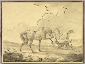 Dois cavalos a lutar com um cão de Johann Georg Pforr