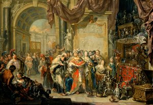 "Cresus (596-546 avant JC) montre ses tresors a Solon (640-558 av. JC)" - Croesus and Solon - Óleo sobre cobre por Johann Georg Platzer (1704-1761) - State Art Gallery, Dresden de Johann Georg Platzer